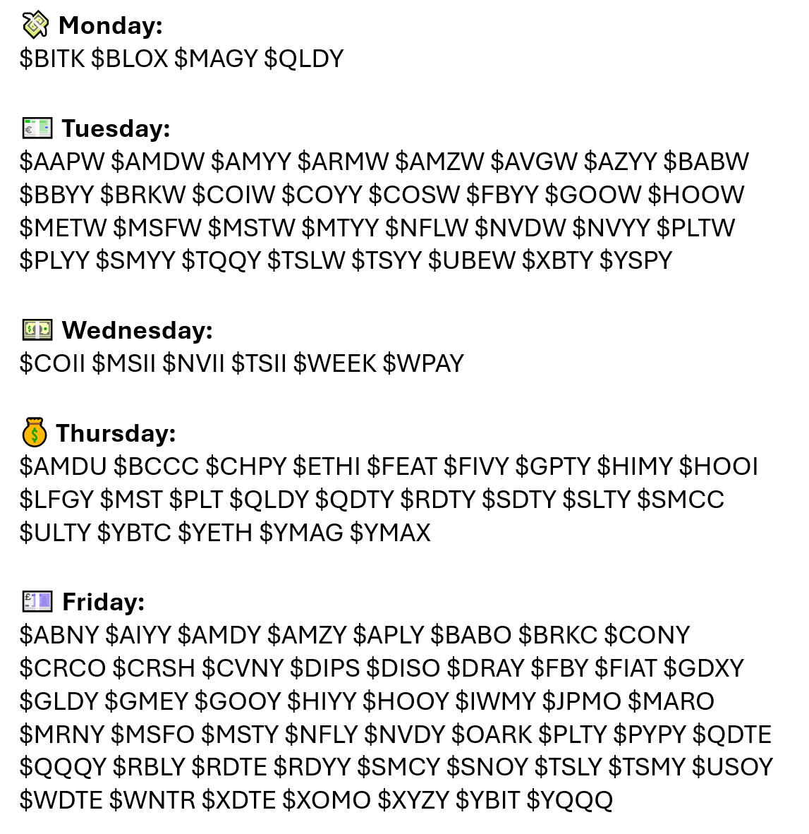💸 How To Earn Daily Cash Flow With Weekly Pay ETFs

📅 100+ Weekly Pay ETFs Across Major Sectors

💰 Payouts Every Market Day Mon–Fri

⚡ High-Yield, High-Frequency Income

📋 Explore The Updated  Payout Schedule Below👇