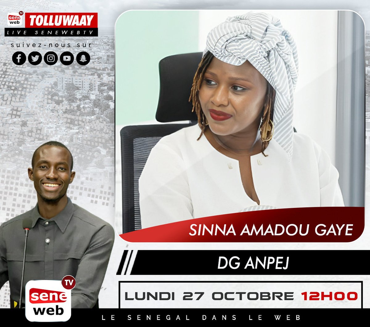 Rendez-vous important !
La Directrice Générale de l'ANPEJ parle emploi des jeunes, en direct sur Seneweb !
📅 Lundi 27 octobre
⏰ À 12h00 précises.
Ne manquez pas ce grand moment d'échange ! 

#ANPEJ #EmploiJeunes #Sénégal #Seneweb
#sinnagaye