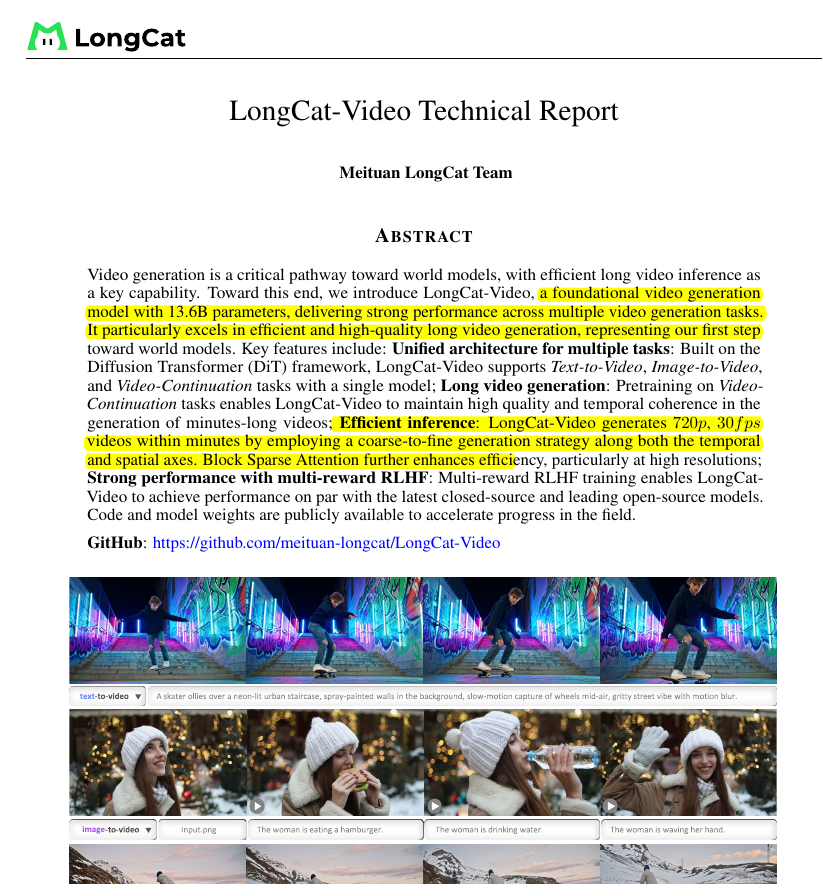🇨🇳 Chinese doordash Meituan launched LongCat-Video on <a href="/huggingface/">Hugging Face</a>  under MIT License.

A small 13.6B model that unifies Text-to-Video, Image-to-Video, and Video-Continuation, targeting minutes-long coherent clips and fast 720p 30fps output.

It frames every task as continuing