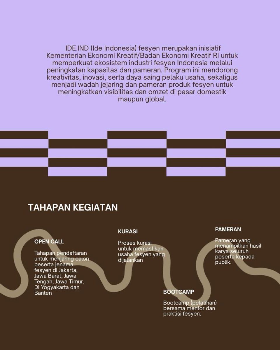 ekraf_ri's tweet image. Halo Pegiat Fesyen! 👋

Ada program baru yang sangat bermanfaat buat para Pegiat Fesyen nih, yaitu IDE.IND!

Program IDE.IND Fesyen 2025 merupakan inisiatif Kementerian Ekonomi Kreatif untuk memperkuat ekosistem industri fesyen Indonesia. Melalui kegiatan seperti peningkatan…