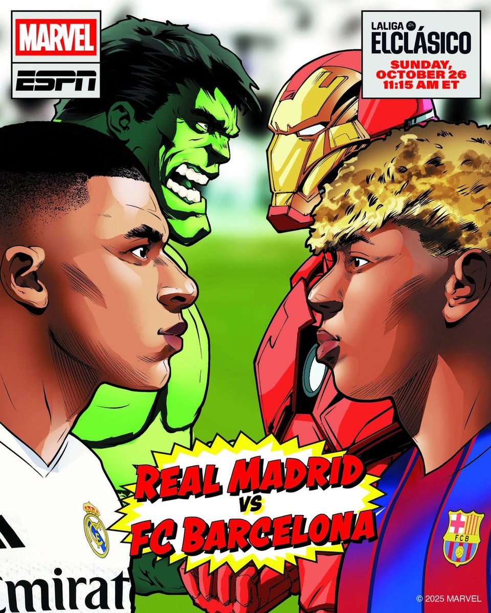 TavernaMarvel's tweet image. Em celebração do ElClásico entre Real Madrid e Barcelona que acontece amanhã, a Marvel divulgou uma arte das estrelas Kylian Mbappé e Lamine Yamal ao lado do Hulk e Homem de Ferro.
Qual seu lado?