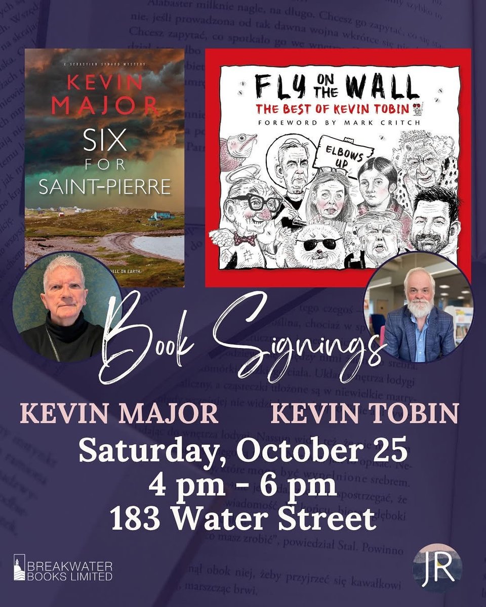 TODAY, 4–6 PM, come to Johnny Ruth Downtown for book signing with 2 local authors. 
Meet Kevin Major, signing his new mystery book, Six for Saint-Pierre, and  yours-truly, signing my new book, Fly on the Wall!
Come out meet the two Kevin’s, grab a signed copy, and #SupportLocal