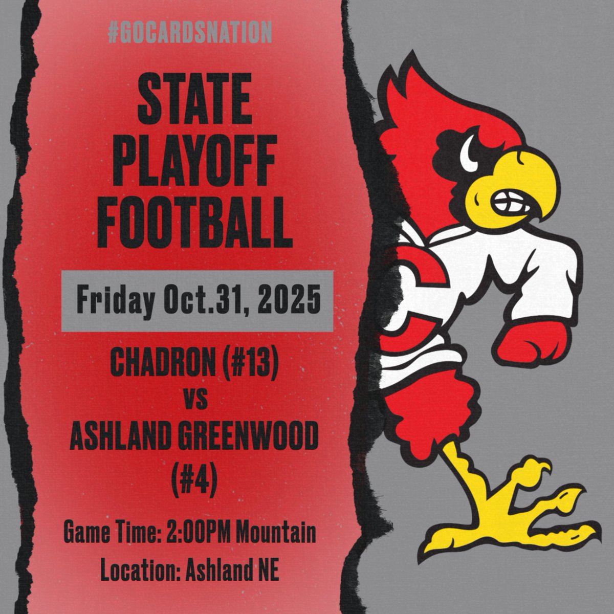 Chadron High Football
State Playoffs
First Round vs Ashland-Greenwood
2PM MTN Kickoff
#GoCardsNation