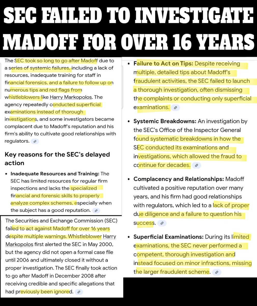 📣📣 SEC FAILURE TO PROPERLY INVESTIGATE MADOFF FOR OVER 16 YEARS 🙊🙉🙈

Bernie Madoff the notorious fraudsters of Wall Street.

It took over 16 years for <a href="/SECGov/">U.S. Securities and Exchange Commission</a> to properly investigate Madoff leaving this predators to steal Billions.

"Failure to follow up on warnings: The SEC