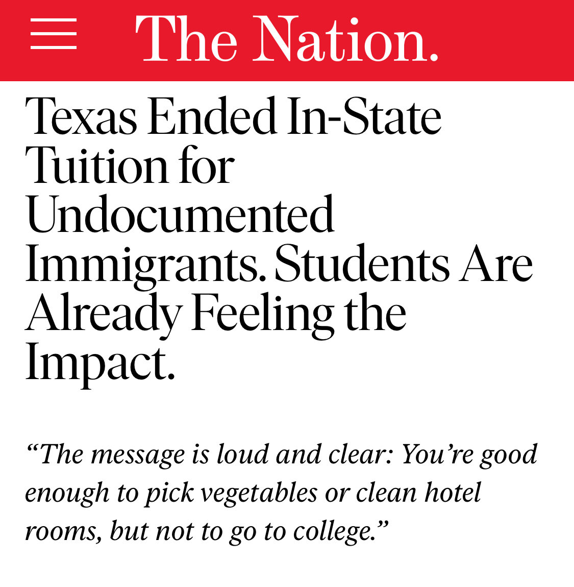 Until June, Texas was one of the best states when it came to offering in-state tuition to undocumented students. But after the DOJ filed a lawsuit, officials quietly ended the policy.

“They only deliberated for 30 minutes, and then they settled,”
 thenation.com/article/politi…