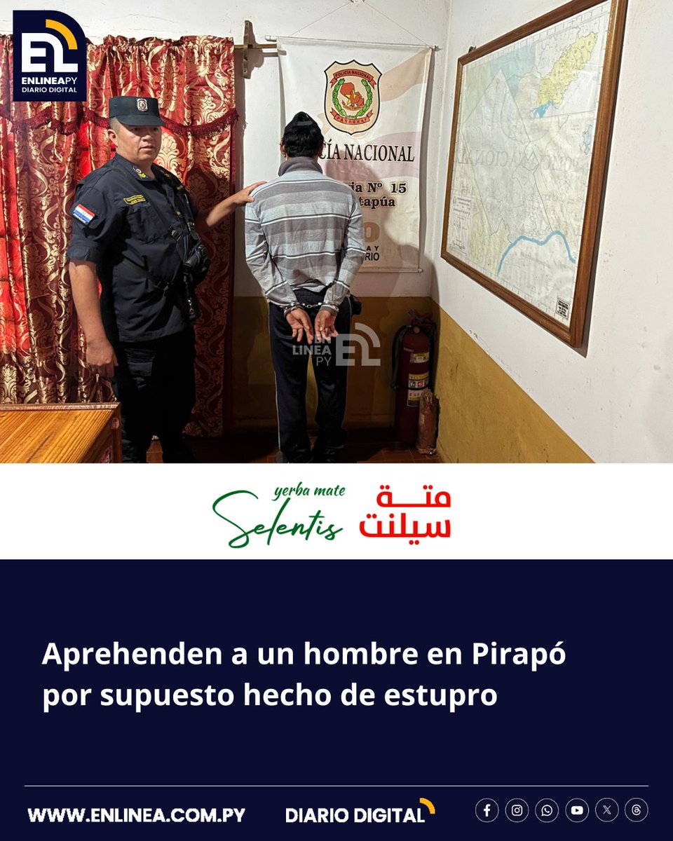 enlinea_py's tweet image. Agentes policiales de la Comisaría 15° de Pirapó aprehendieron a un hombre en un establecimiento de Pirapó Km. 25, en prosecución de una denuncia por supuesto hecho de estupro.
enlinea.com.py/aprehenden-a-u…