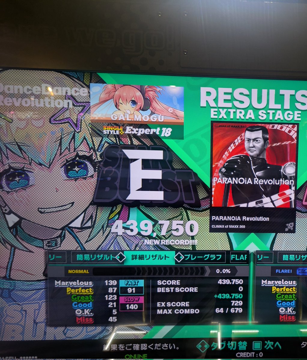 galmogu's tweet image. これも配信の中の一コマ…
PARANOIA Revolution
ESP18

18を踏むなんて今年はないと思ってたけど配信パワーでふみふみをご一緒でございます。
結果はなんと落ちました！！😂

低速まで耐えて加速するあたりで落ちました…
でもこれで足前の参考スコアはでたので満足です！
#DDR_WORLD
