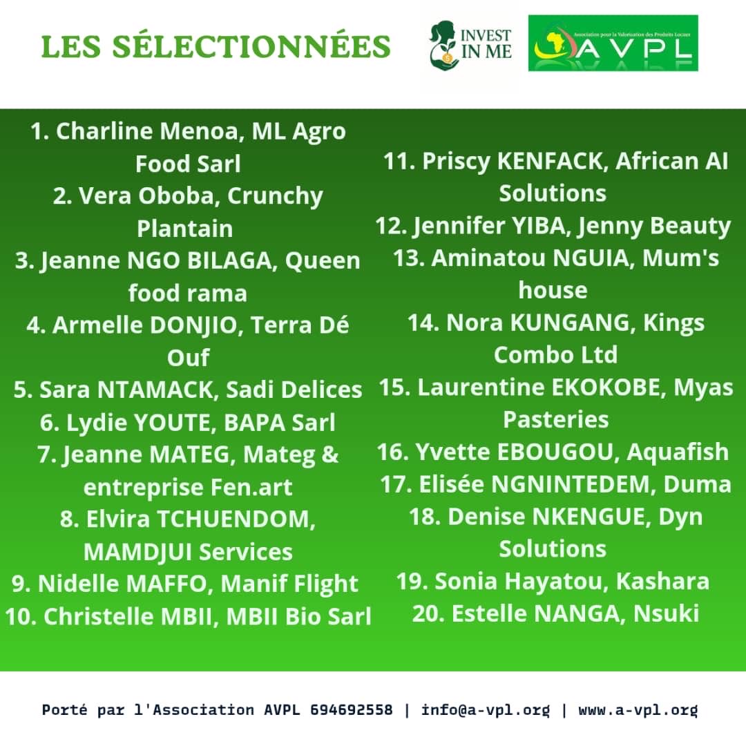 AssociationAVPL's tweet image. Liste des femmes sélectionnées au programme INVEST IN ME*

C’est avec une grande joie que nous vous annonçons  la liste des femmes sélectionnées pour la première cohorte du programme INVEST IN ME.*
Félicitations aux
*AVPL : Promouvoir | Valoriser | Développer*
#InvestInMe#AVPL