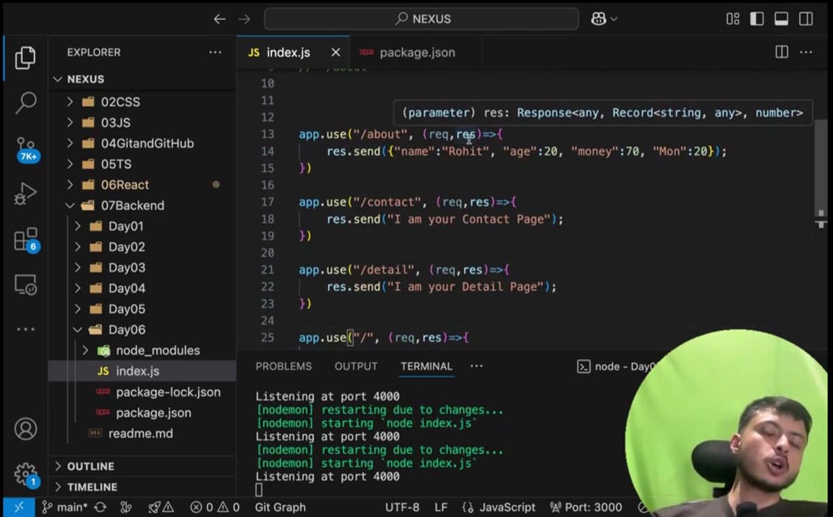 CHAYAN78905's tweet image. 🚀 #Day6 / #100DaysOfBackend 🎯
Backend Development Journey | #CoderArmy ⚙️

📌 Today&apos;s Topic:
Introduction to Express.js, HTTP Methods, REST API, how to Create a Server in Express, and Handle Routing 

A big shoutout to @rohit_negi9 bhaiya for the awesome explanation!
#backend