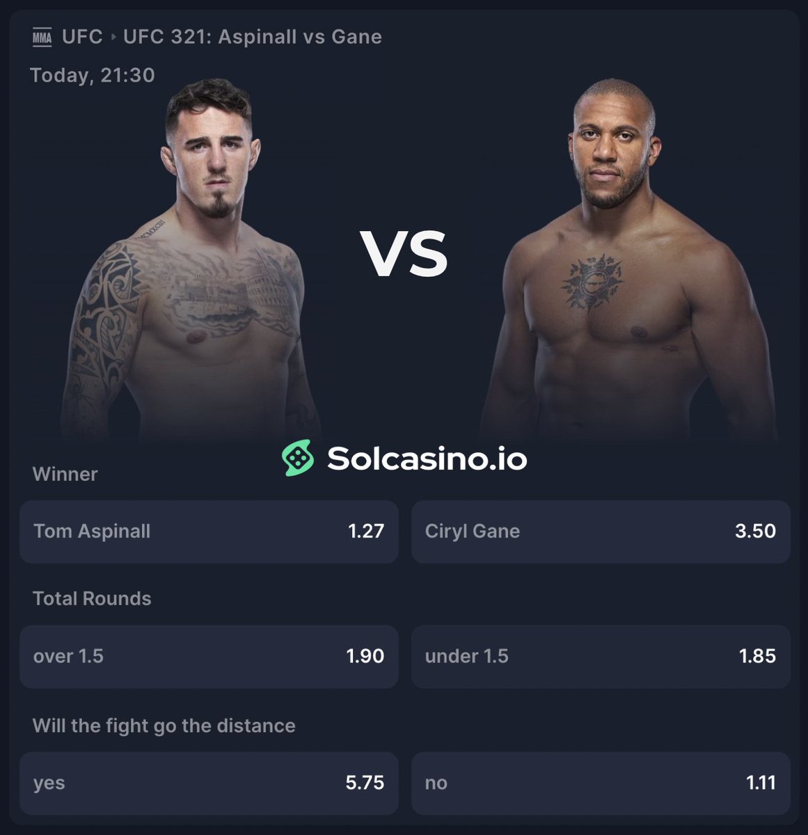 Aspinall 🏴󠁧󠁢󠁥󠁮󠁧󠁿 vs 🇫🇷 Gane! 🥊 #UFC321

Predict the Winner &amp; Round of Victory for a chance to win $150 free sports bet! 🏆

For Example: (Aspinall/Gane - Round 1/2/3/4/5/Points)