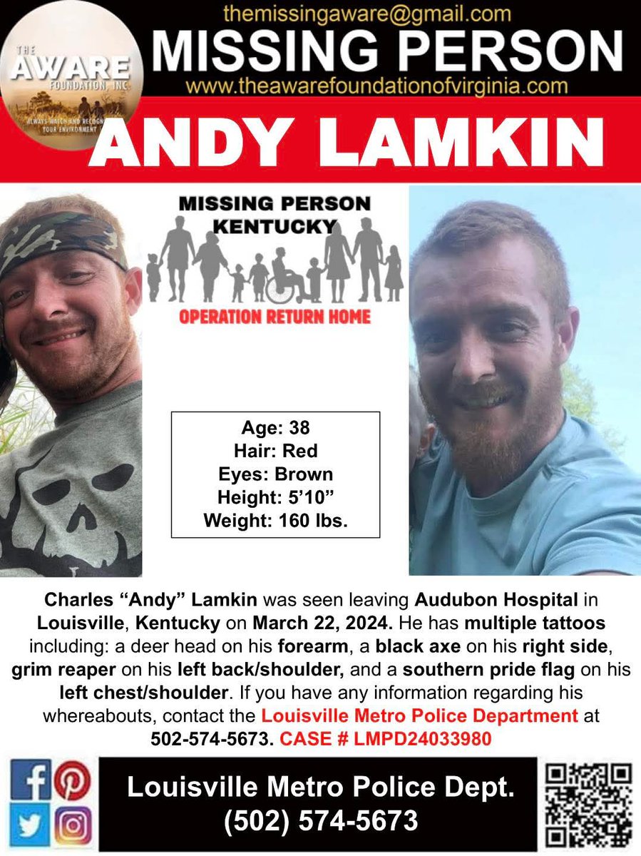 aware_the's tweet image. ***MISSING*** LOUISVILLE, KENTUCKY
Charles “Andy” Lamkin was seen leaving Audubon Hospital in Louisville, Kentucky on March 22, 2024. He has multiple tattoos including: a deer head on his forearm, a black axe on his right side, grim reaper on his left back/shoulder, and a…