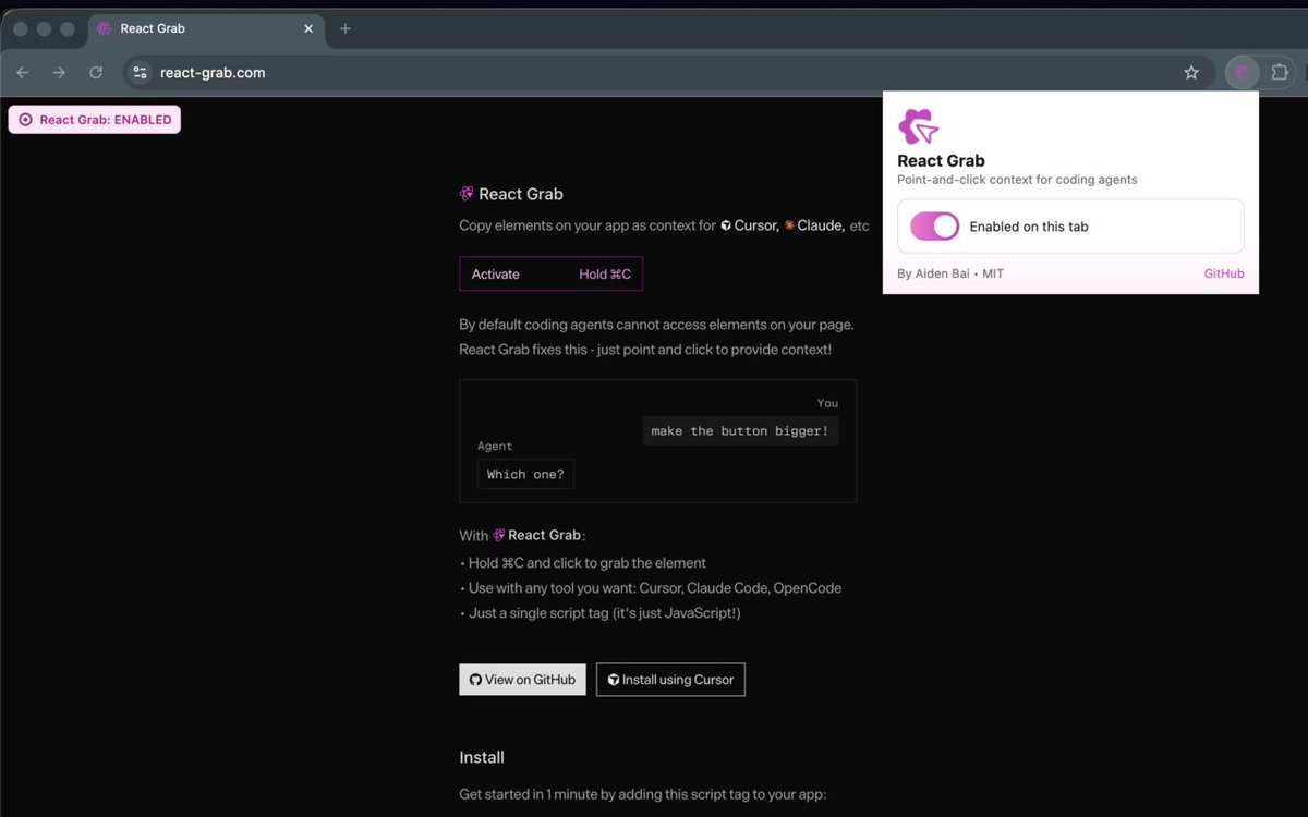SublimeCoderX's tweet image. Huge thanks to @aidenybai for React Grab!
it’s awesome-sauce 💜
Was finding a non-blocking way to use it, so I built a Chrome extension to toggle it per‑tab (CSP‑safe, no data collection). Open source!
Codebase:
github.com/rakeshmenon/re… (it's unofficial of course)
@aidenybai…