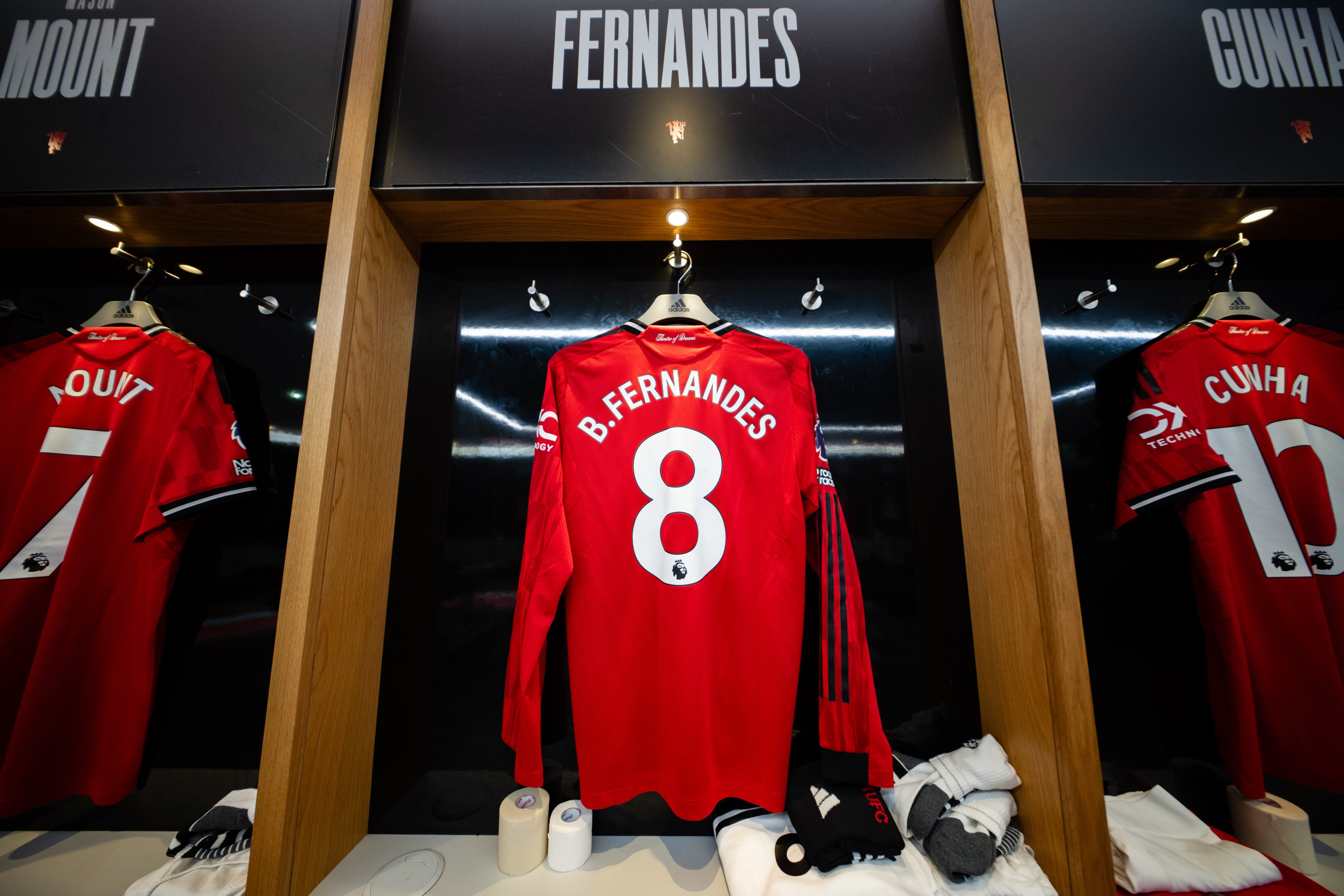 Bruno Fernandes shirt in the Manchester United dressing room.