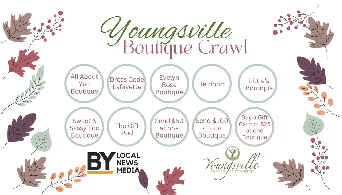 TODAY’S THE DAY! 
Grab your crawl card, shop your favorite boutiques, collect your stamps &amp; support local!

⏰ 10 AM – 4 PM
📍 Youngsville Boutiques
🎁 Prize Drawing Monday @ 12 PM on FB Live

Show us your finds — tag us! 📸
#YoungsvilleFallBoutiqueCrawl #ShopYoungsvilleFirst