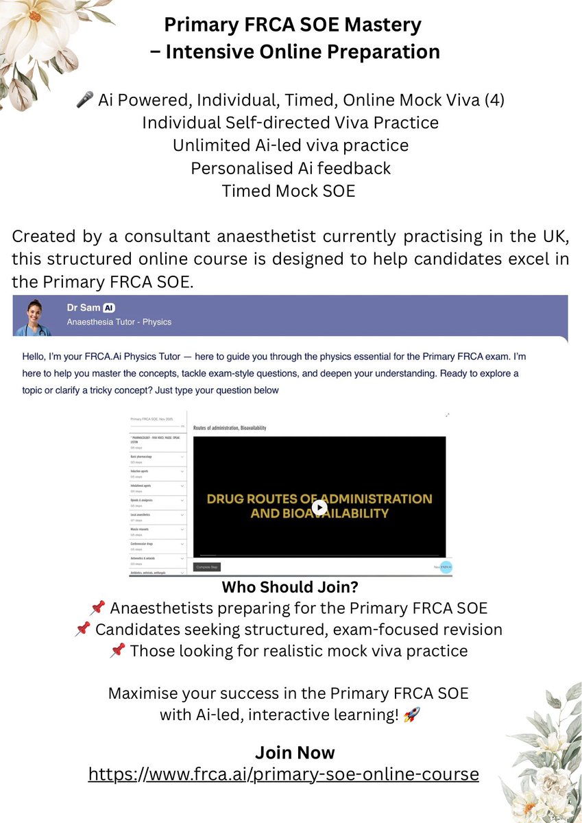 LearnARiRA's tweet photo. �� Primary FRCA SOE Mastery – Online Preparation

AI-powered, realistic viva practice with Ai-led personalised feedback and timed mock SOEs.

Master the Primary FRCA with structured, interactive learning.

🔗 https://t.co/gb1Tp28wQZ

#FRCA #AnaesthesiaEducation #Anaesthetics https://t.co/lSAz6ClDGe