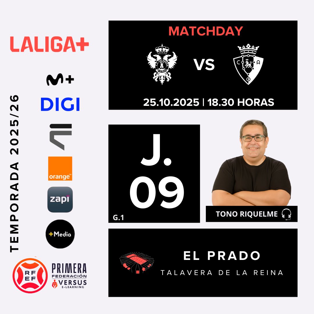 Dos equipos con dinámica complicada. Tres puntos de oxígeno. <a href="/CFTalavera/">CF Talavera de la Reina</a> y <a href="/Osasuna_Tajonar/">Tajonar</a> se miden en un choque de necesidades e incierto

En el corazón del futbol <a href="/Primera_RFEF/">Primera Federación Versus e-Learning</a> que sigue latiendo con fuerza

Estaré narrando el partido en directo 18:30

#TalaveraOsasunaPromesas