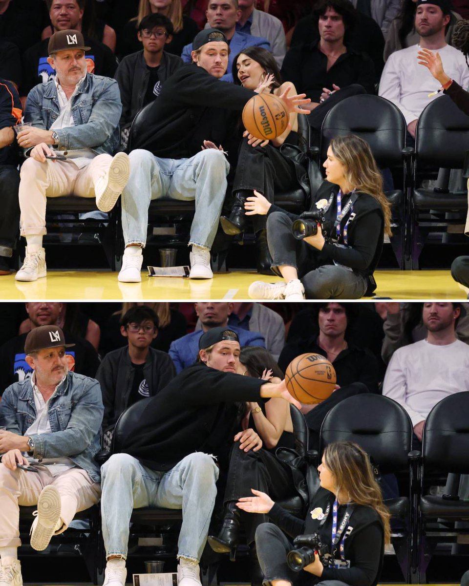 BleacherReport's tweet photo. Justin Herbert saved the day by protecting Madison Beer from a loose ball at the Lakers game  🥹❤️ https://t.co/CIL05wMYlT