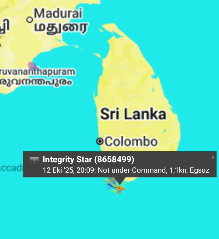 gemitrafik's tweet image. 6 gündür #SriLanka açıklarında makine #arızası nedeniyle sürüklenen #Vanuatu bandıralı 94m'lik INTEGRITY STAR gemisindeki 4’ü Türk 14 personelin #tahliyesi MRCC #Kolombo ve deniz kuvvetleri tarafından sağlanmış.