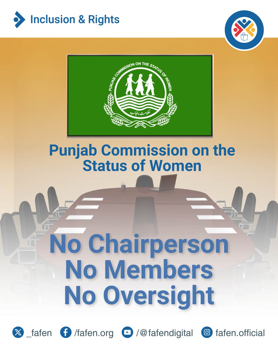 _FAFEN's tweet photo. Four Chief Ministers have changed since 2019 but none bothered to appoint PCSW Chairperson.
Read FAFEN story at: https://t.co/XNGdCcoHwb
#MakeRightsCommissionsEffective #NCSW #PCSW #FAFEN #SCSW #BCSW #GBCSW #KPCSW https://t.co/UoIgP27Tvh