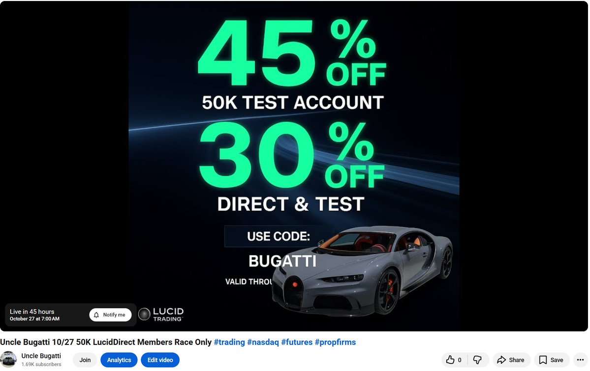 Will be giving out 50K Straight 2 Funded for Lucid on Monday for the Member's only Race. Thank you <a href="/TradingLucid/">Lucid Trading</a> for hooking the big booty gang up. Love you guys.

45 % OFF lucid  use code BUGATTI
lucidtrading.com/ref/unclebugat…

youtube.com/live/TEKUAWYfv…