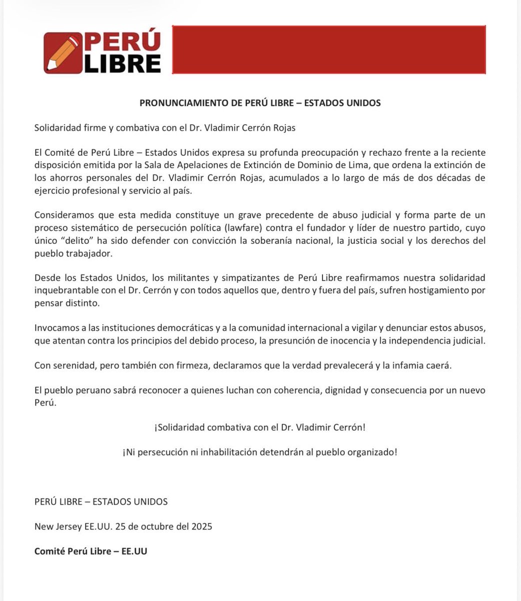 PRONUNCIAMIENTO DE SOLIDARIDAD CON EL DR. VLADIMIR CERRÓN