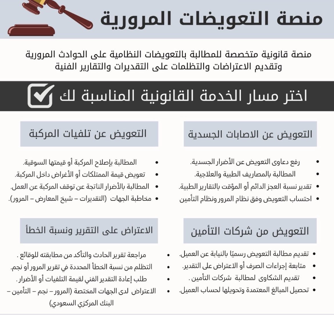 المحامي/ سطام العمري (@satamamre) on Twitter photo 🛑 إذا وقع عليك حادثًا مروريًا -لا قدر الله- هناك أربع خدمات قانونية قد تحتاج إليها؛ للمطالبة بالتعويض، وهي:
• خدمة التعويض عن الإصابات الجسدية.
• خدمة التعويض عن تلفيات المركبة.
• خدمة التعويض لدى شركات التأمين.
• خدمة الاعتراض على التقارير والتقديرات الفنية. 🛑 إذا وقع عليك حادثًا مروريًا -لا قدر الله- هناك أربع خدمات قانونية قد تحتاج إليها؛ للمطالبة بالتعويض، وهي:
• خدمة التعويض عن الإصابات الجسدية.
• خدمة التعويض عن تلفيات المركبة.
• خدمة التعويض لدى شركات التأمين.
• خدمة الاعتراض على التقارير والتقديرات الفنية.