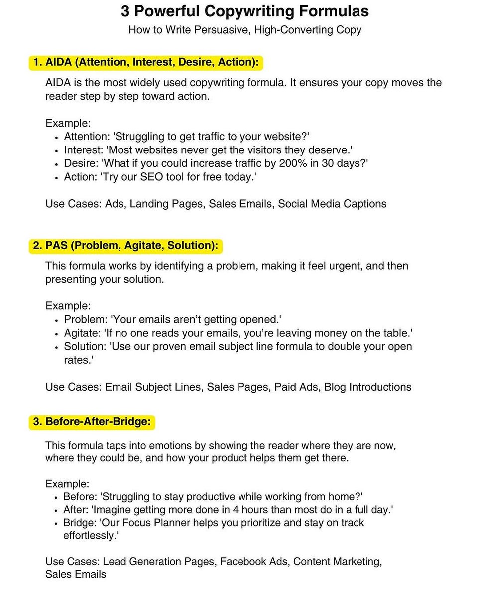 ecomchasedimond's tweet photo. 3 Powerful Copywriting Formulas:

How to Write Persuasive, High-Converting Copy:

(bookmark this) https://t.co/NXzBIl6FUn