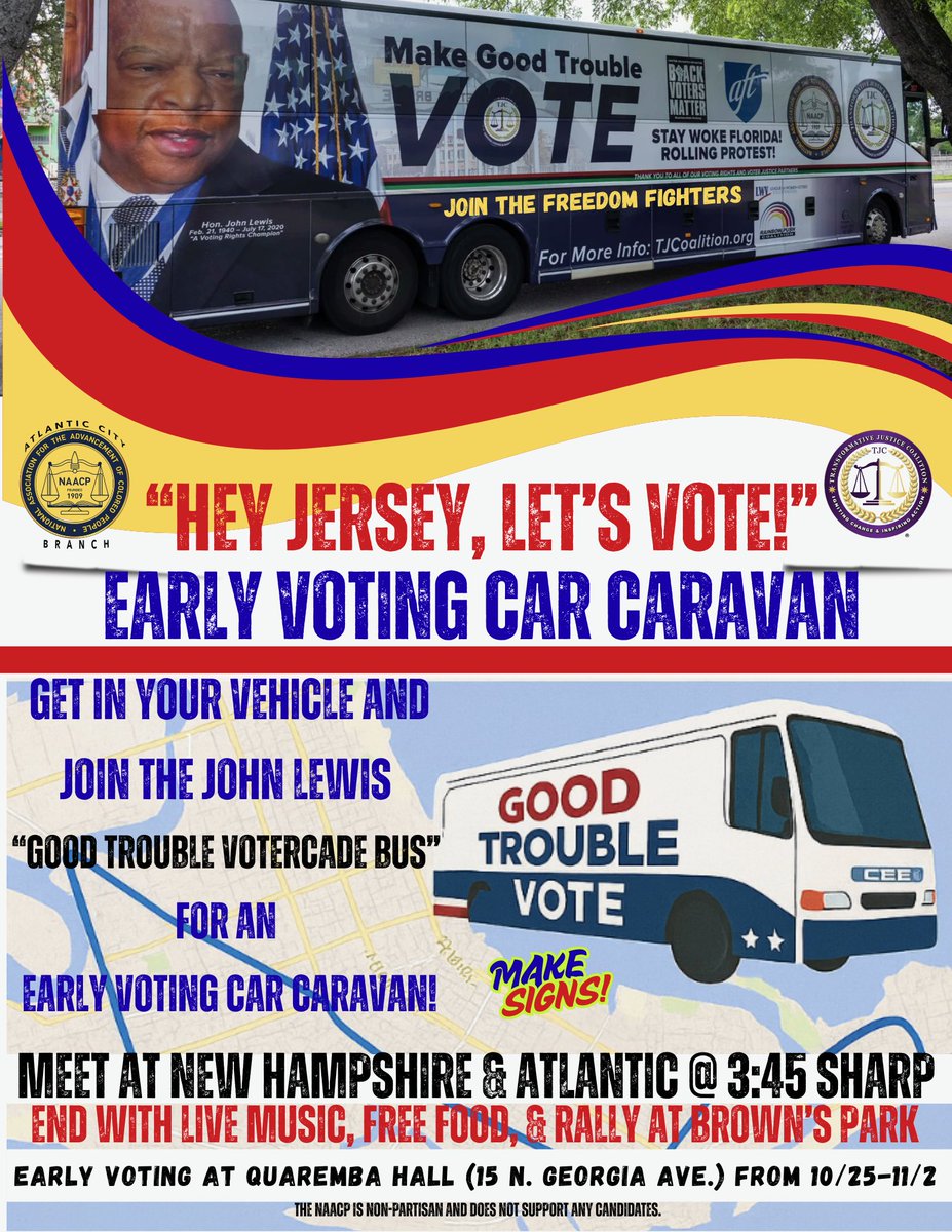 TheCaitlynBot's tweet image. Early voting starts in New Jersey today! Meet up with @TJC_DC, @barbs73, @Freedvotedaryl, the John Lewis Good Trouble Freedom Bus, our Freedom Riders and others to Get Out The Vote! #Vote #VoteNJ #NewJersey