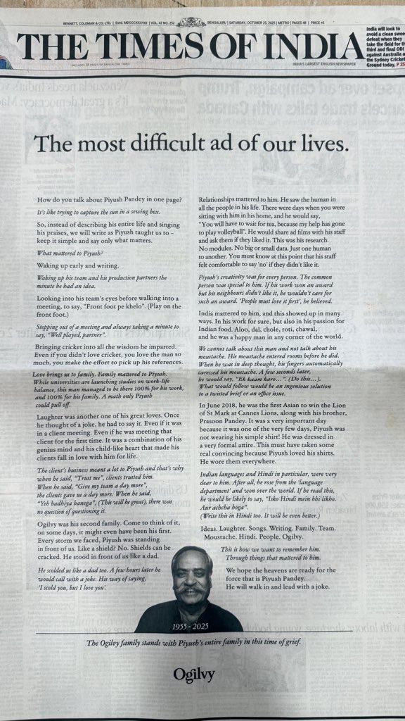 A beautiful note to mark the loss of a legend that was Piyush Pandey. https://t.co/A0rgsb5Abj