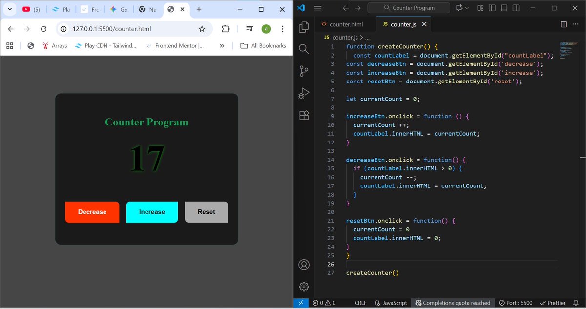 THEJASPERJAY's tweet image. Day 5 of my 60 Days of Code Challenge
Today I worked on a counter program. It helped me practice some JavaScript logic and I tweaked in a conditional statement to make it more dynamic.
#60DaysOfCode #JavaScript #WebDevelopment #LearnToCode