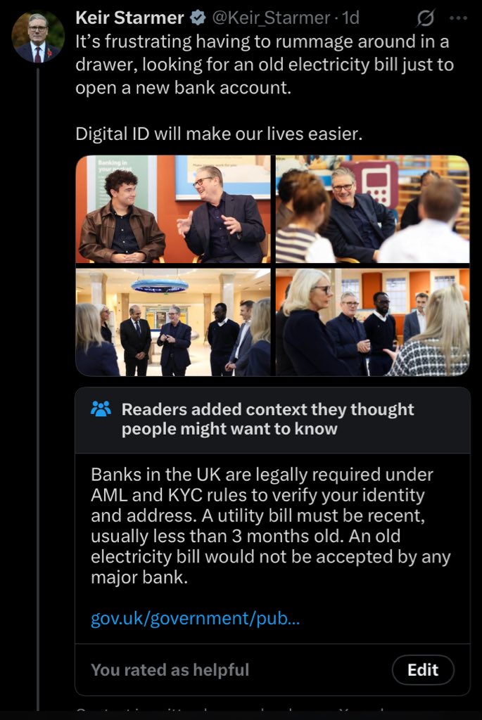 DarkMagaFafo's tweet image. Starmer's "frustrating old electricity bill" rant for Digital ID gets instantly torched by community note: "Banks require *recent* bills under AML/KYC rules (less than 3 months old)—an ancient one wouldn't fly anyway." So... problem solved? 😂 
#Starmer #CommunityNotes
#Caturday…