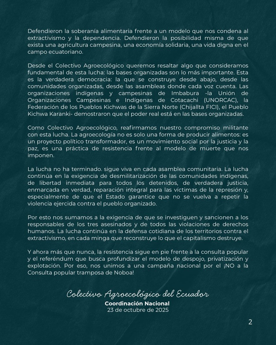 ¡Imbabura nos recordó que la dignidad del pueblo no se compra ni se vende! 🙌🏼

Desde el Colectivo Agroecológico del Ecuador 🌱expresamos nuestro respeto y gratitud a las comunidades que resistieron durante 30 días con fuerza y esperanza.