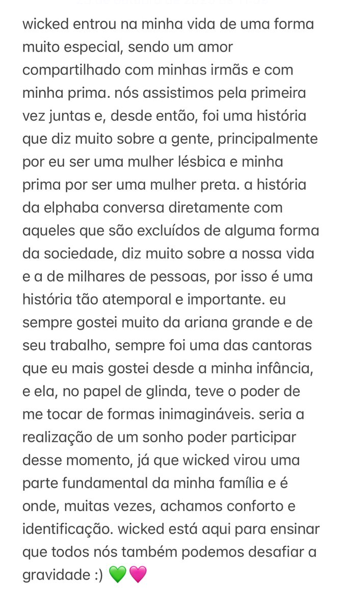 webdivamadu's tweet image. eu nunca tive a oportunidade de ir ver a peça, então seria mais importante ainda poder assistir na premiere pois seria a primeira oportunidade de demonstrar meu amor de pertinho :( wicked é tão importante pra mim @infoari #EuNaPremiereDeWicked  #ArianatorsNaPremiere