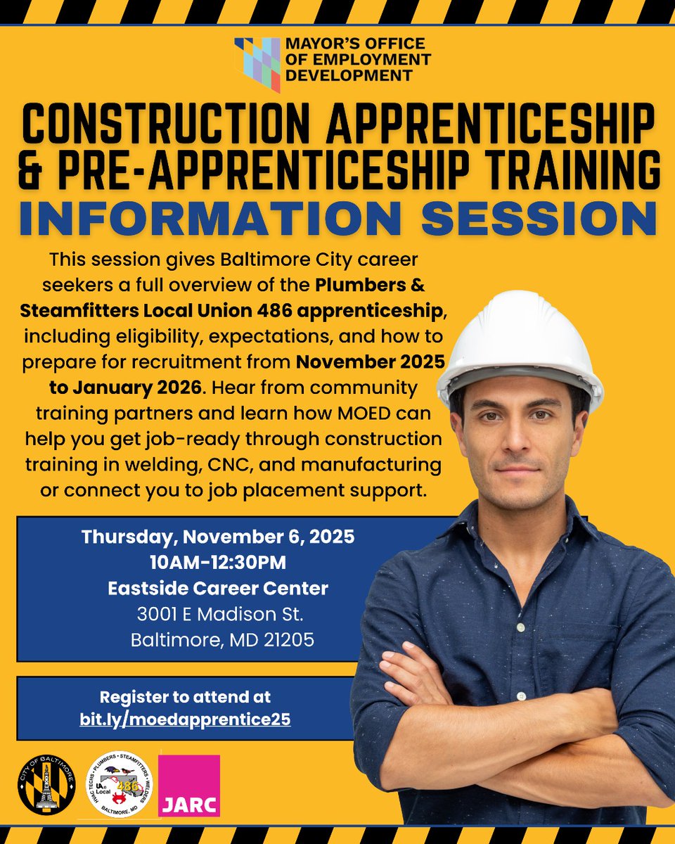 Are you interested in a construction apprenticeship? 🚧 🏗️ 

Join MOED to learn about upcoming trainings, apprenticeship opportunities and major projects that need skilled workers! 🛠️ 🔩 

📆 November 6
⏱️ 10am-12:30pm
📱 Register at bit.ly/moedapprentice…