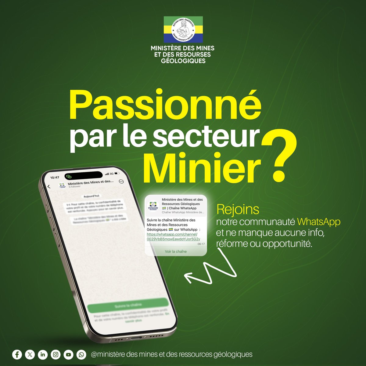 MinesGabon's tweet image. Suivez toute l’actualité du secteur minier, les réformes en cours et les actions du Ministre sur notre chaîne WhatsApp officielle.

👉 Abonnez-vous dès maintenant : whatsapp.com/channel/0029Vb…

#Mines
 #Gabon 
#CommunicationPublique #WhatsAppChannel