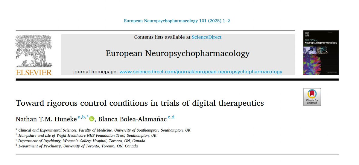 Our new Insights article in European Neuropsychopharmacology!

We propose a framework for better design of control conditions for digital therapeutics for mental health conditions.
🔗 authors.elsevier.com/a/1l-8p,L21E2g…

<a href="/ecnptweets/">ECNP</a> 

#DigitalTherapeutics #MentalHealth #ClinicalTrials