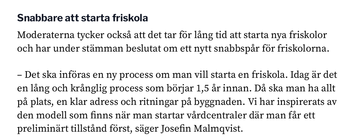 Moderata samlingförskolägarpartiet vill skapa ett snabbspår för att starta friskolor, i ett läge där elevtalsminskningar och snabb friskoleexpansion redan pressar de kommunala skolornas ekonomi i botten. Det här partiet är en fara för samhället. 
etc.se/inrikes/beslut…