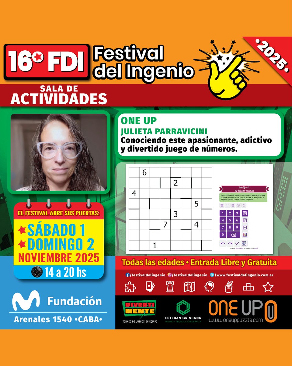 🧠✨The 16th Festival del Ingenio is here!

📅Saturday, November 1 and Sunday, November 2, 2025
📍Movistar Foundation – Arenales 1540, Buenos Aires, ARGENTINA
🕓From 2:00 PM to 8:00 PM – Free admission
👉 More info in: festivaldelingenio.com.ar