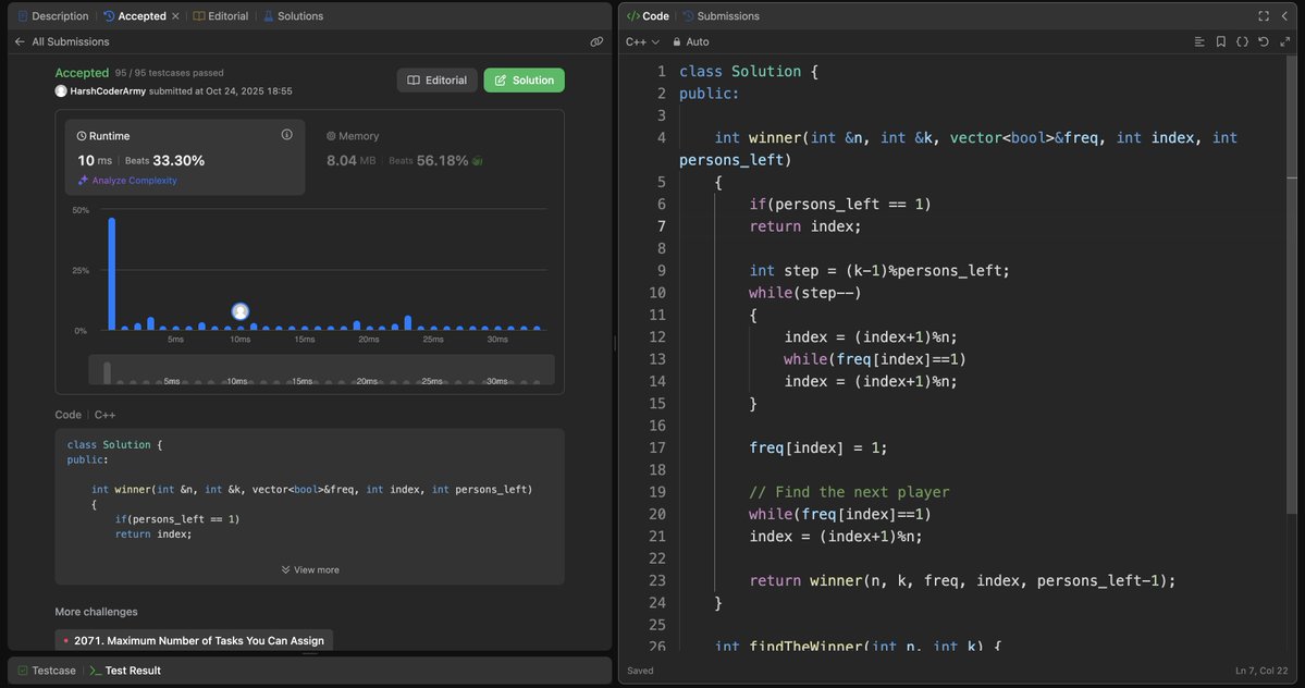 HarshJain_Coder's tweet image. Day 54 &amp;amp; 55 – #100DaysOfCode

Aaj recursion ne literally dimaag ghumaya 😂

• Josephus Problem – last banda bachaane ka logic 🔄
• Rat in a Maze – backtracking ka asli maza 🧠
• LeetCode POTD for cooldown: Calculate Money in Bank 💰

Code kam, dimaag zyada laga.