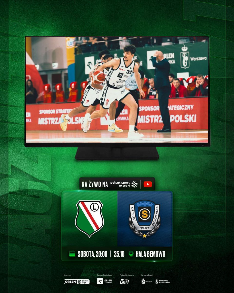 📺 Zobacz w TV!

Transmisję meczu 5. kolejki ORLEN Basket Ligi ze Stalą Ostrów Wielkopolski będziecie mogli obejrzeć na kanale YouTube <a href="/PLKpl/">ORLEN Basket Liga</a> oraz na <a href="/polsatsport/">Polsat Sport</a> Extra 4!

Wszystkich kibiców, których zabraknie dziś na meczu, zapraszamy przed ekrany! 💚🔥

#legiakosz