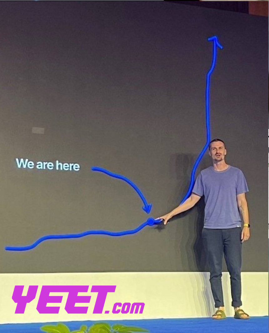 YEET.com 브랜딩과 함께 채택 곡선에 'We are here'가 표시된 밈 이미지