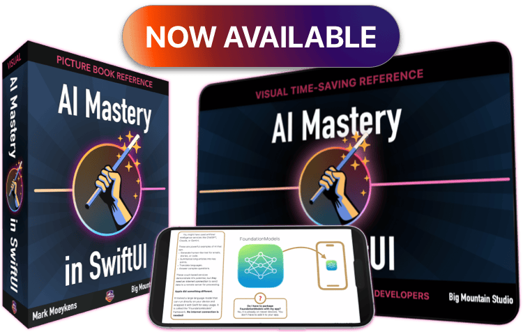 BigMtnStudio's tweet image. 🚀 NEW BOOK: AI Mastery in SwiftUI
Master Apple's FoundationModels framework with my signature visual teaching style.
📱 Build AI-powered SwiftUI apps
📕Concept → Screenshot → Code on every page
⚡ Save time with clear, visual explanations
Perfect for SwiftUI developers ready…