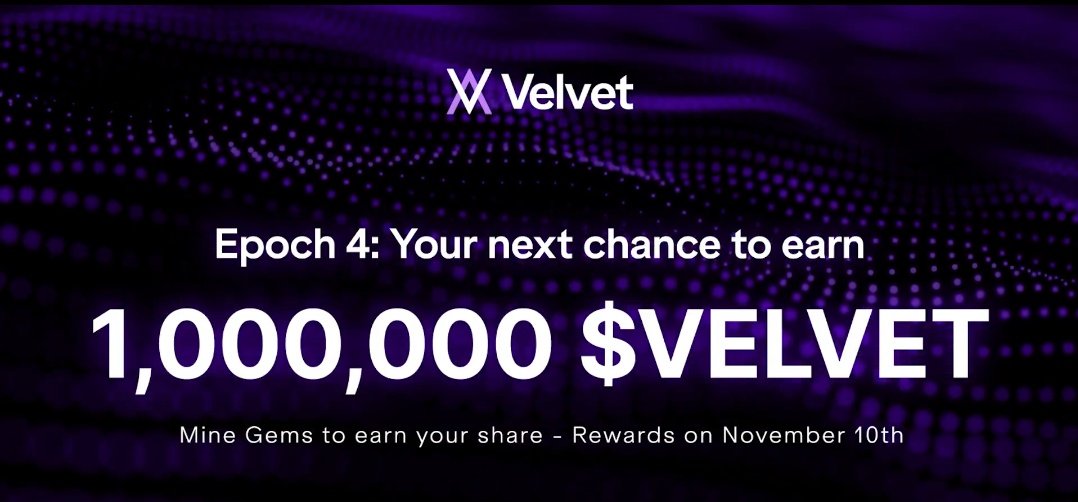 Epoch 4 is officially live at <a href="/Velvet_Capital/">Velvet</a>.

From Oct 10 → Nov 10, another 1,000,000 $VELVET is on the table, distributed to those earning the most Gems.

This time, the playing field is more balanced. 

Rewards are based on normalized Gem counts, so it’s not about being a