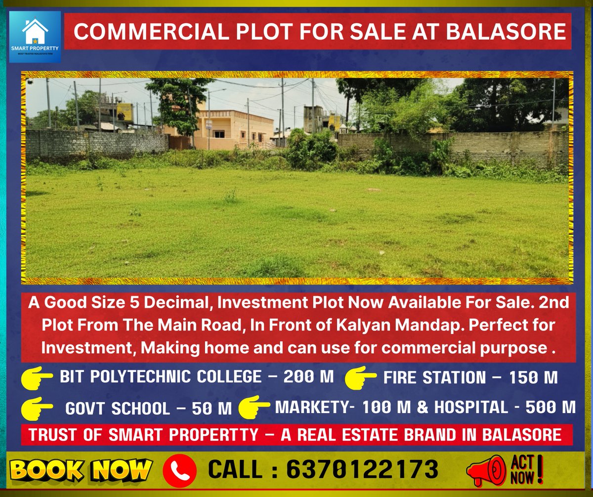 smartpropertty's tweet image. 📢 COMMERCIAL PLOT FOR SALE AT BALASORE!
5 Decimal | 2nd Plot from Main Road | In front of Kalyan Mandap
✅ Perfect for Investment &amp;amp; Commercial Use
📞 CALL NOW: 6370122173
#Balasore #RealEstate #CommercialPlot #property  #Odisha #IndianCricket #viral #viralpost