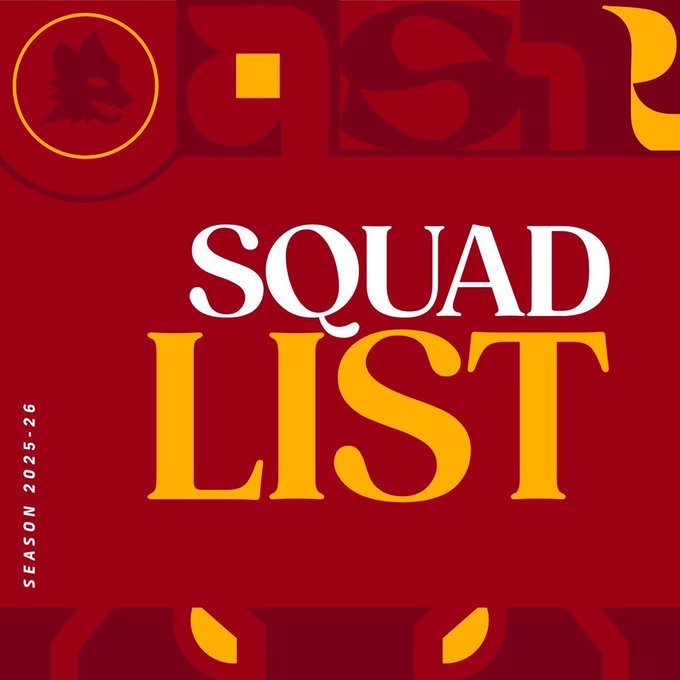 Graphic features AS Roma wolf logo in a circular emblem on the left with abstract geometric shapes in maroon and yellow tones forming a dynamic pattern. Bold white text reads SQUAD LIST spanning the center with 25-26 below it in yellow. Bottom section has small text in white on maroon background. Accompanying photo shows a silver-haired man in green AS Roma training jersey with Toyota sponsor logo standing on green field holding a yellow item smiling with blurred stadium stands and red banner reading R LA MAGLIORE LA CENTESIMO in background.