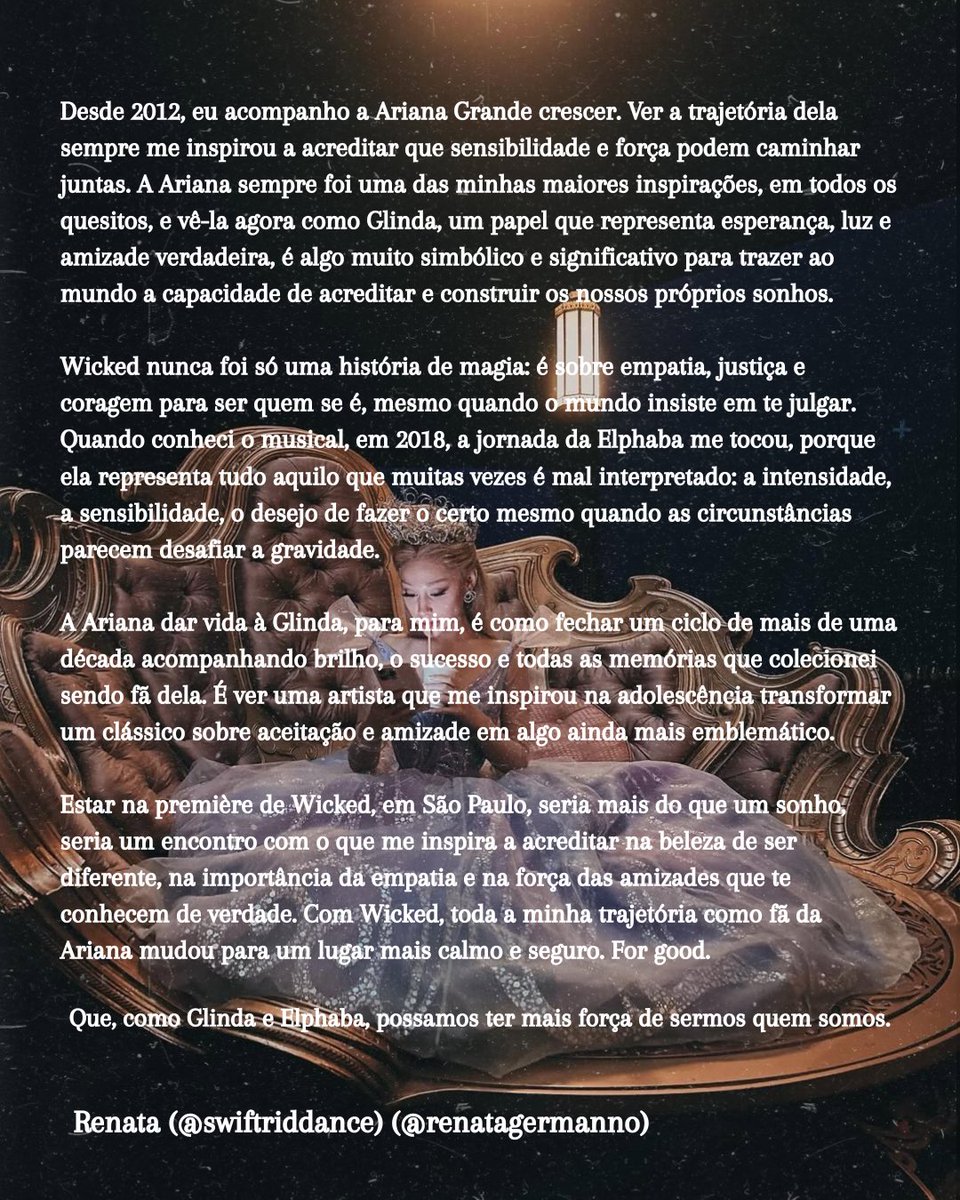swiftriddance's tweet image. Cresci acompanhando a Ariana desde o início e cada fase dela é parte da minha história 🫧 Hoje, sonho em ver de perto a premiere de #WickedForGood no Brasil e viver um pedaço de Oz em São Paulo.🥹🧹💜 @infoari @wickedmusicalbr @tvglobo #ArianatorsNaPremiere #EuNaPremiereDeWicked