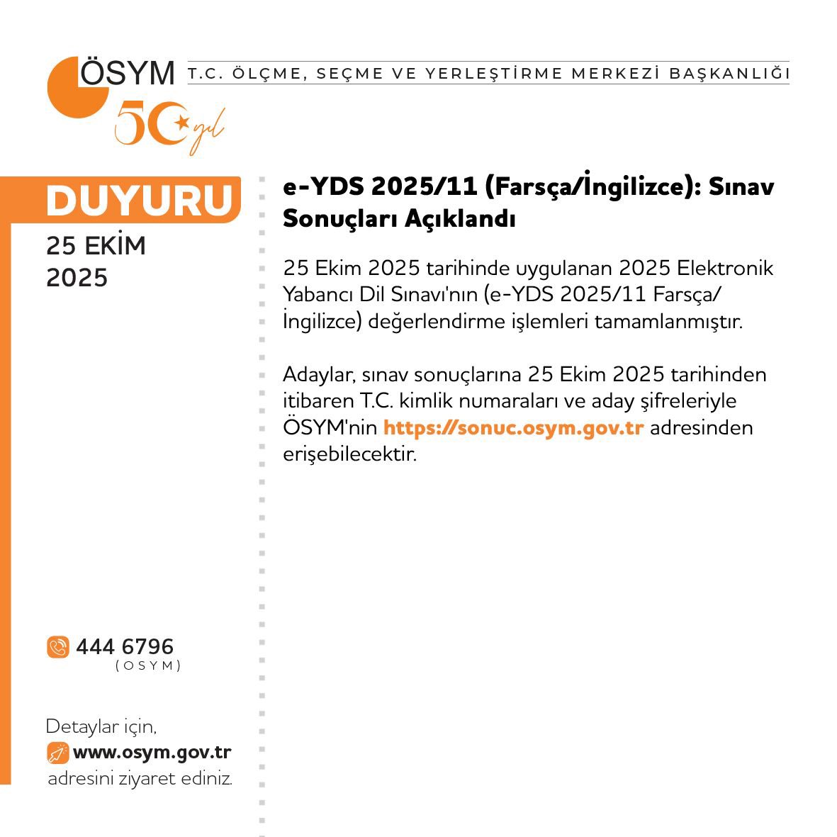 e-YDS 2025/11 (Farsça/İngilizce): Sınav Sonuçları Açıklandı

osym.gov.tr/TR,33638/e-yds…