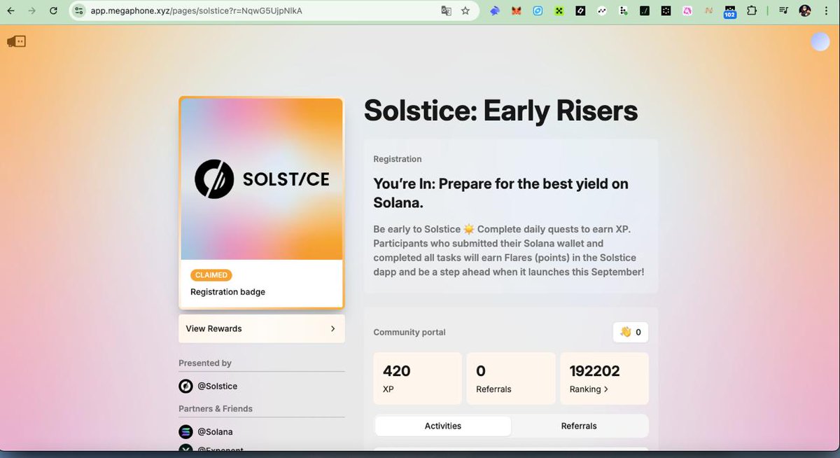 claim your Solstice airdrop badge and earn flares + $USX rewards! 

<a href="/solsticefi/">Solstice</a> has teamed up with top projects — don’t miss out
// go to app.megaphone.xyz/pages/solstice…
// click “Join now” &amp; sign up with gmail
// complete social tasks
// connect your EVM wallet &amp; claim badge on base