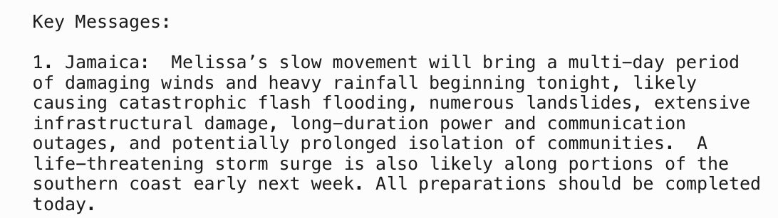 MarcWeinbergWX's tweet photo. NHC’s 11 am warning to Jamaica about the landfall of forecasted high end Cat. 4 #Melissa is scary stuff…

“Extensive infrastructural damage, long-duration power and communication outages, and potentially prolonged isolation of communities.” https://t.co/zrjvXLXFUG