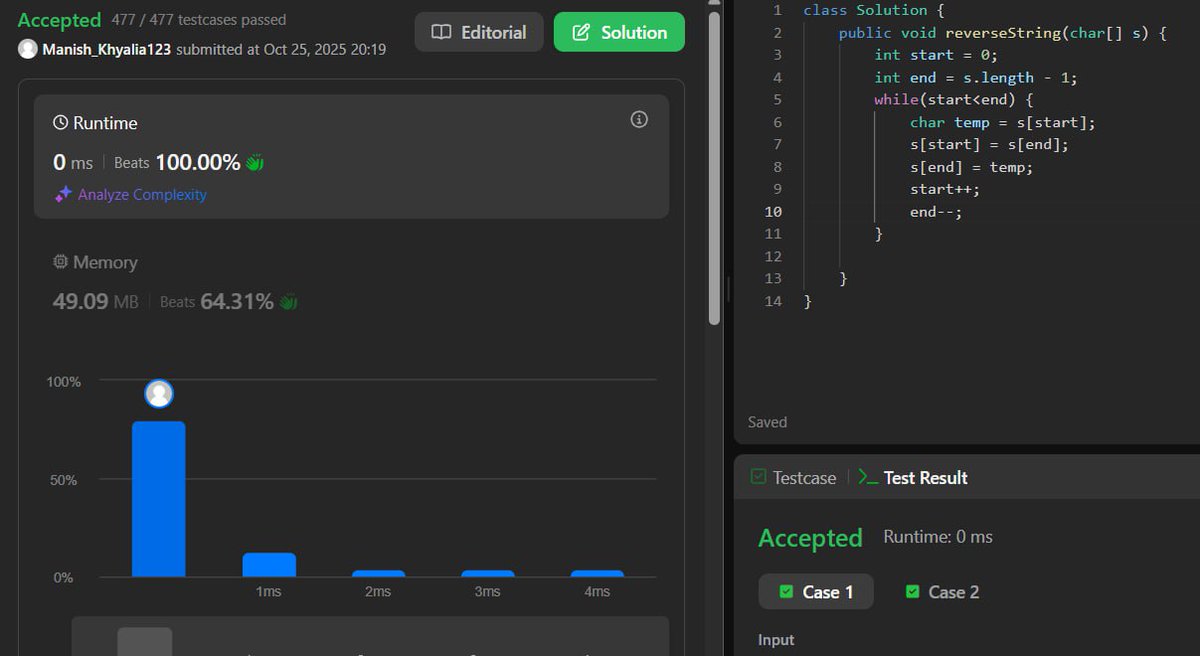 Manish_Kumar60's tweet photo. Reverse String  Solved!
Solved using two methods:
1️⃣ Recursion
2️⃣ Iterative: Swap characters in a loop from start to end of the string.

#DSA #Java #Coding #Recursion #LeetCode #ReverseString https://t.co/j81QyQRkQ0